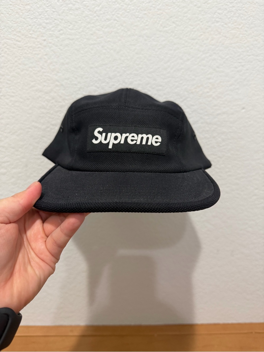 Supreme Black Canvas Camp Cap with White Logo Patch